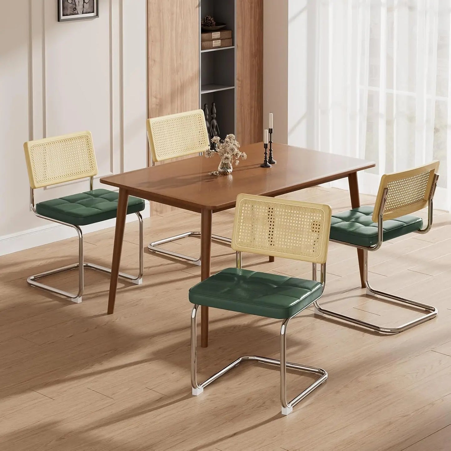 Set of 4 Rattan Dining Chairs – Faux Leather Seat with Cane Back and Metal Legs