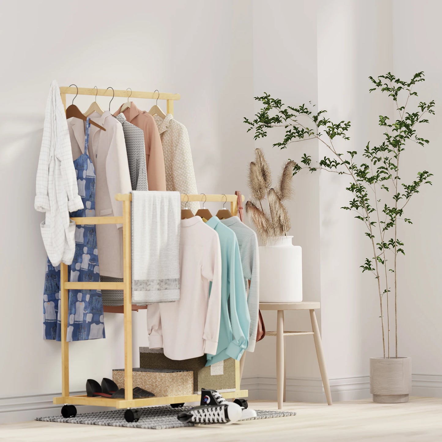 Bamboo Rolling Clothes Rack