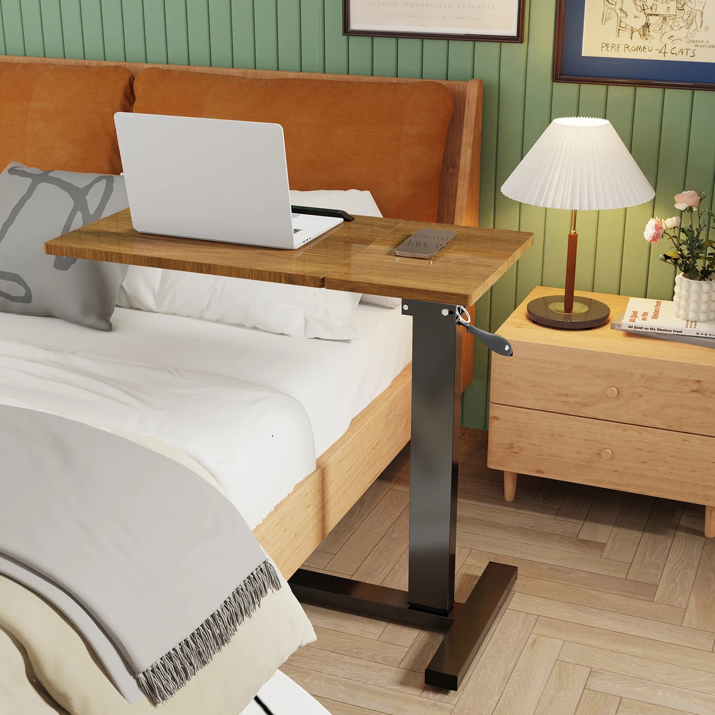 Adjustable Overbed Laptop Table with Hidden Wheels