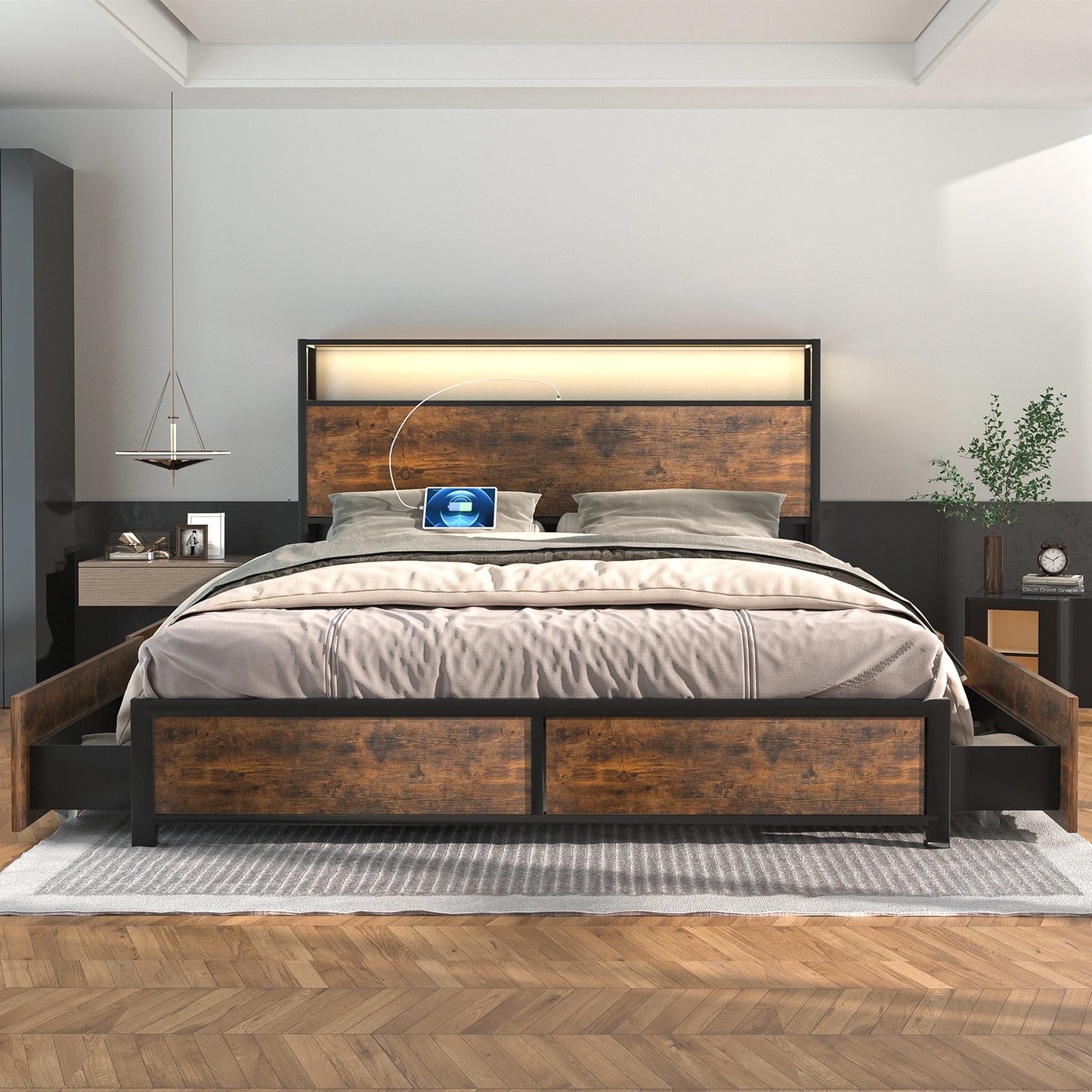 Metal platform bed frame with 4 storage drawers and headboard
