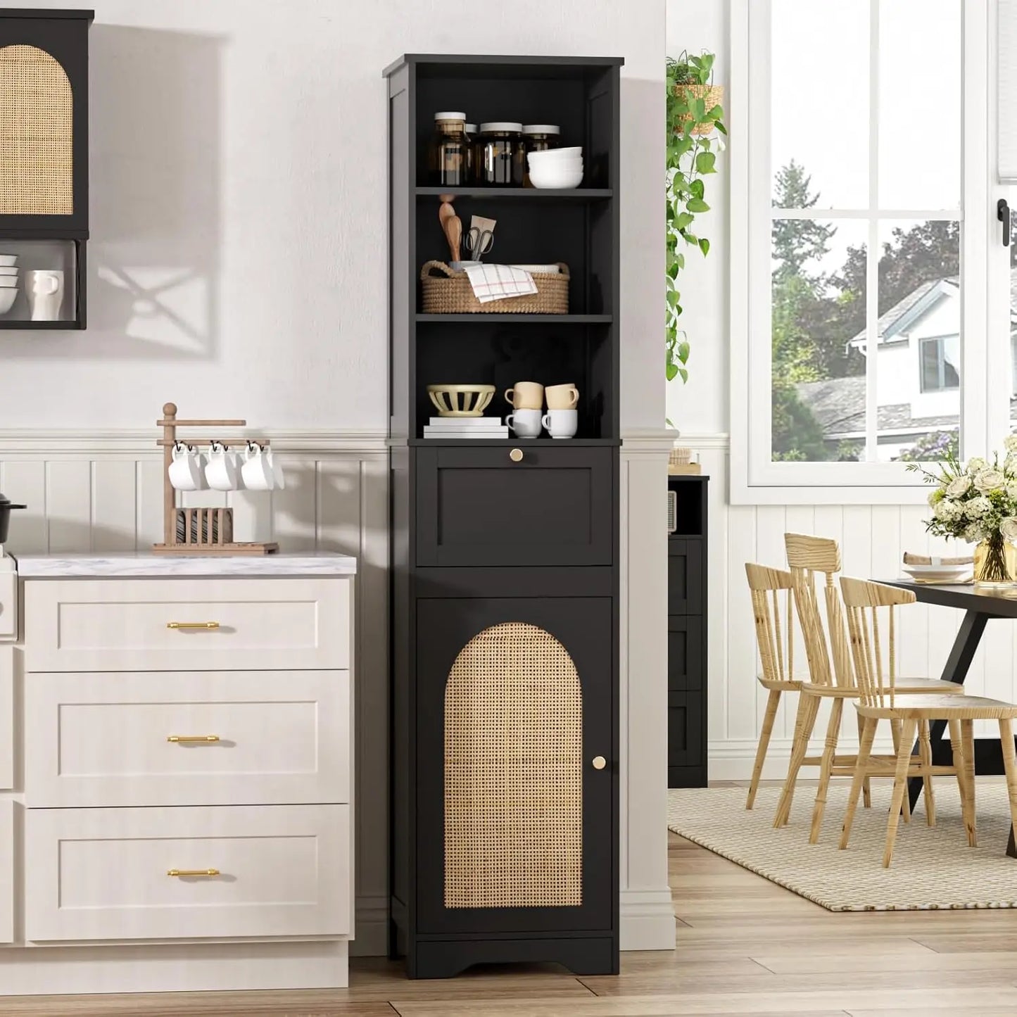 Wood Bathroom Storage Cabinet with Rattan Door & Drawer