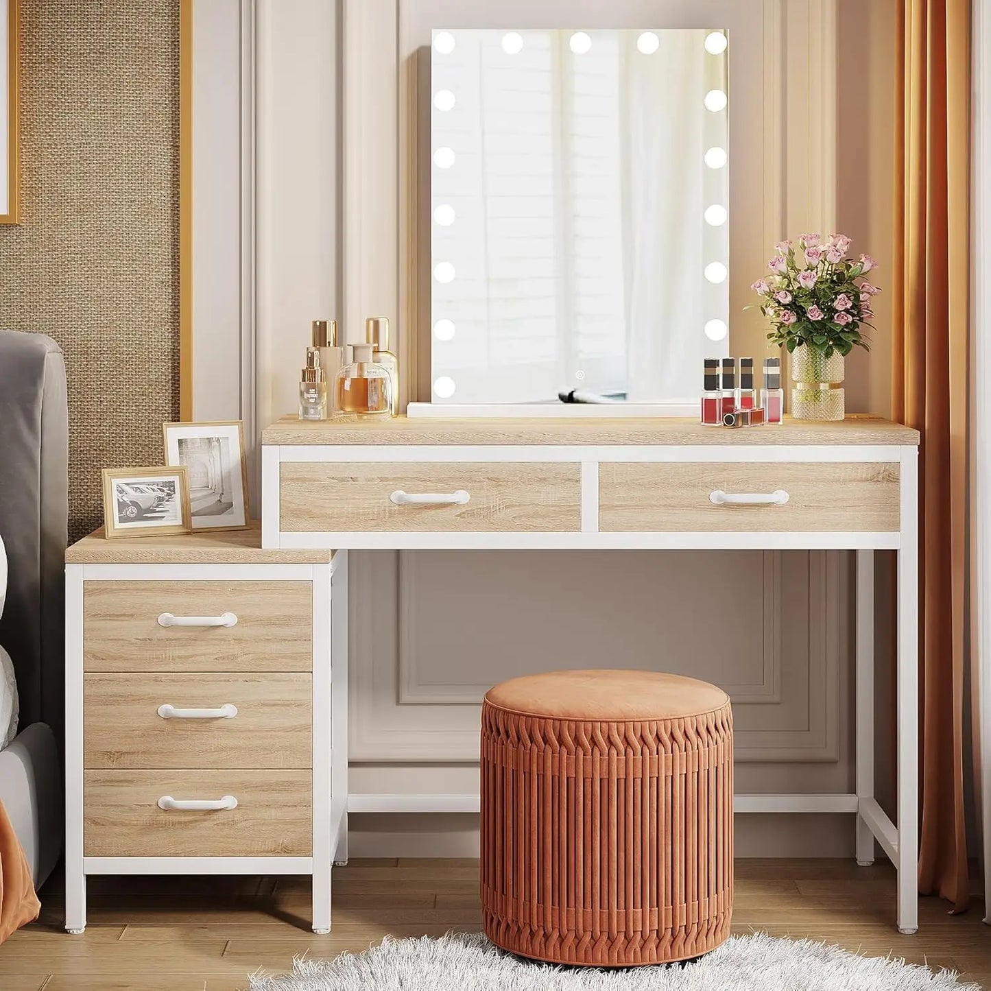 Walnut 5‑Drawer Vanity Desk
