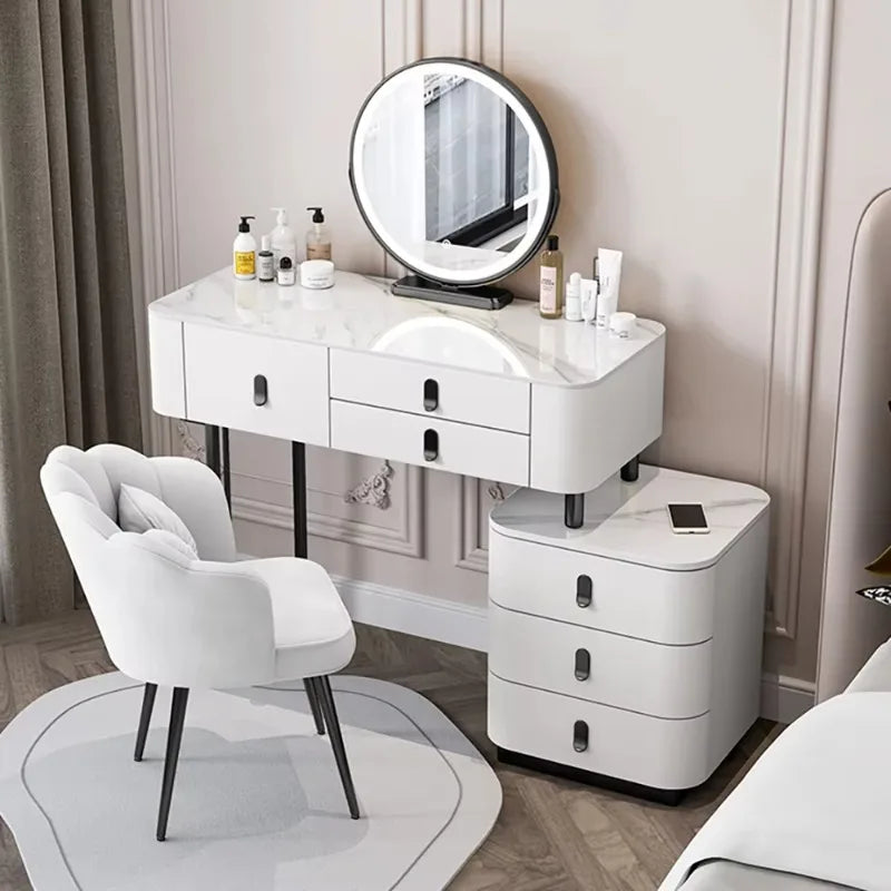 Nordic Vanity Table with Rock Slab Top – Pine Wood Makeup Desk with Mirror