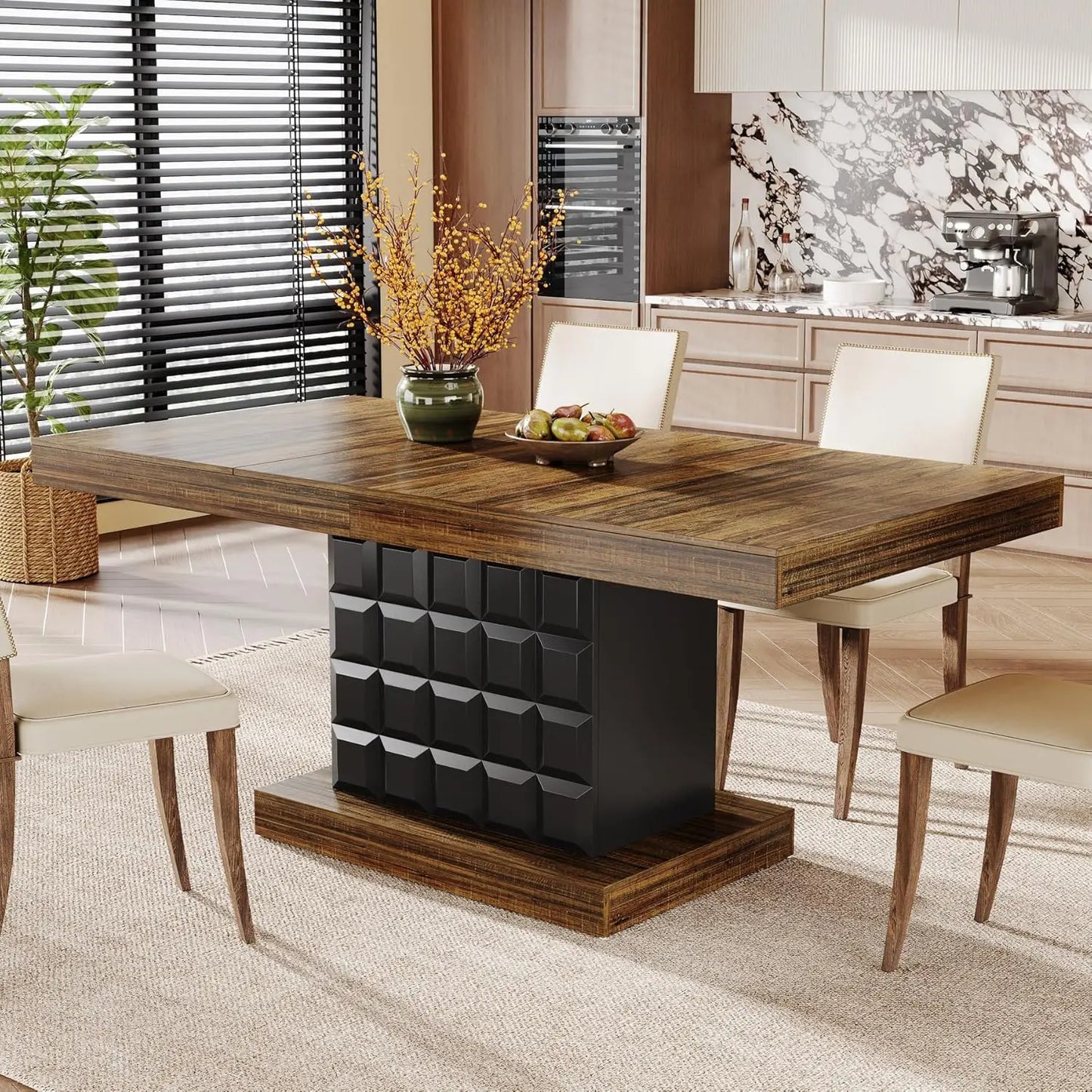 63'' Farmhouse Rectangular Dining Table – Modern Wooden Table with Geometric Base for 4–6 People