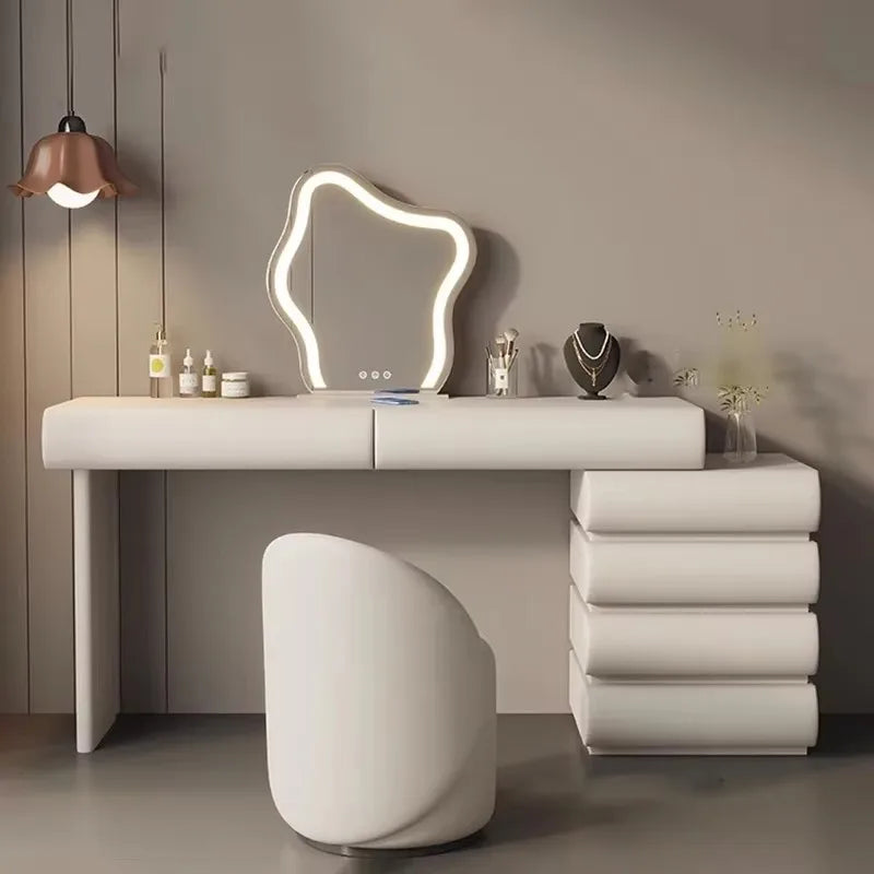 Minimalist White Vanity Table – Elegant Makeup Desk with Mirror & Stool