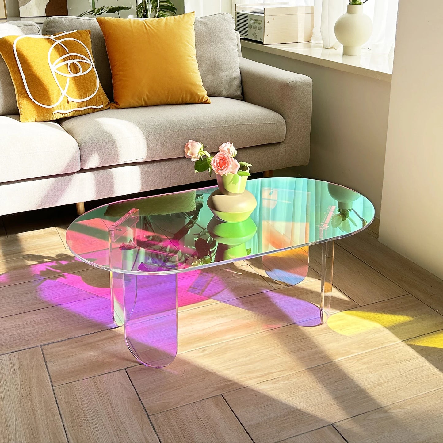 Iridescent Acrylic Coffee Table – Shatterproof Oval Design