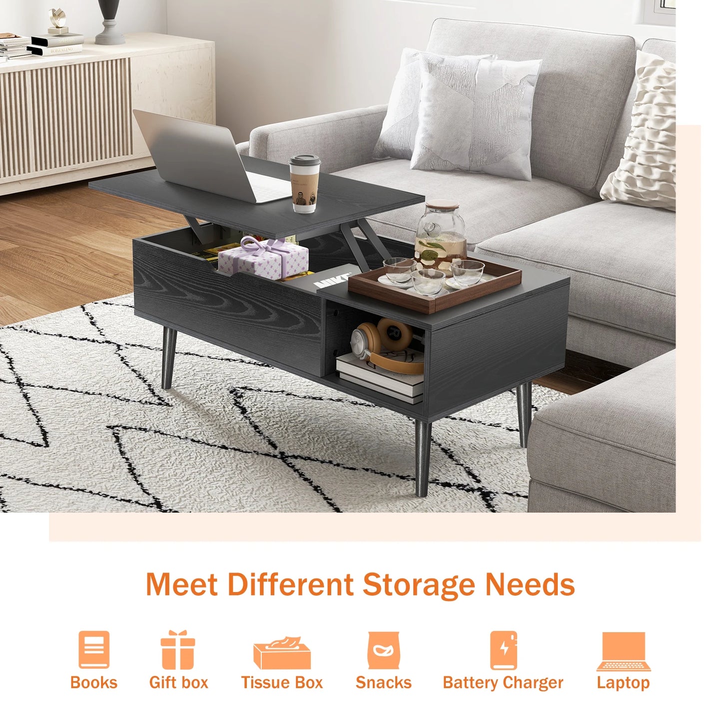 Lift Top Coffee Table with Adjustable Storage Shelf