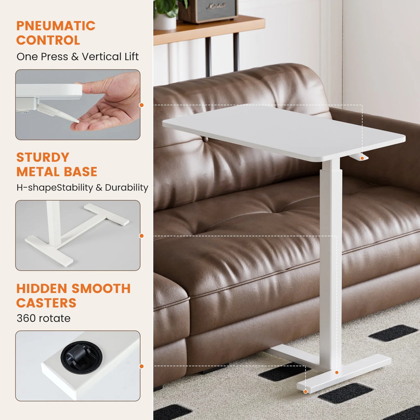 Overbed Bedside Sofa Table with Hidden Wheels