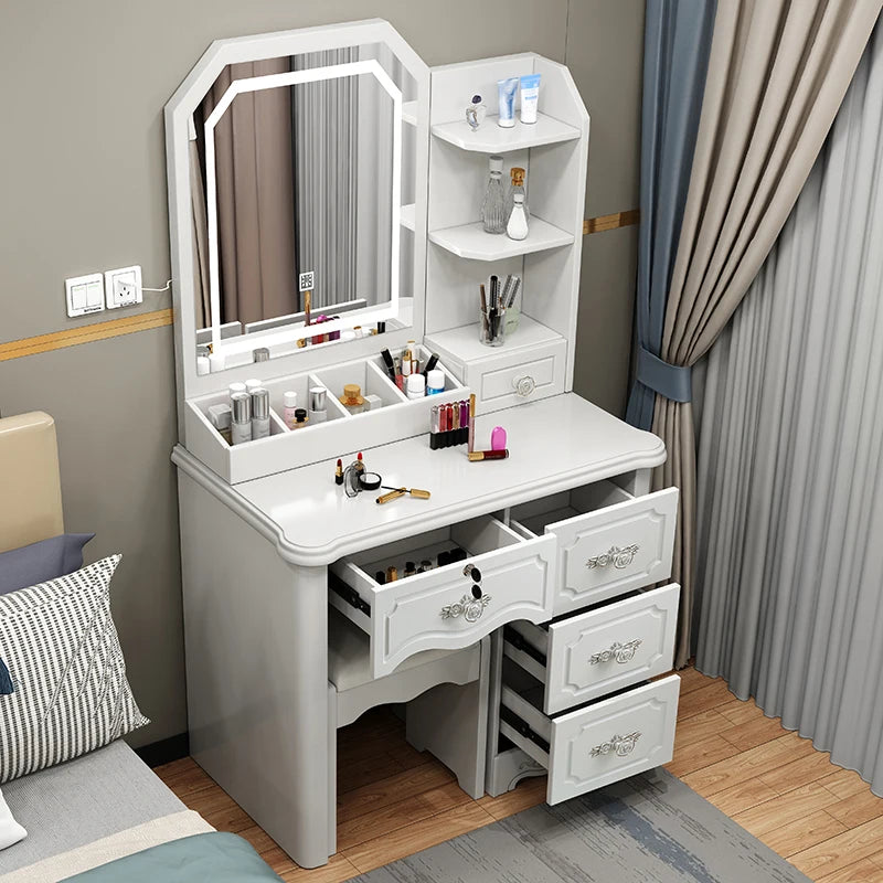 Luxury Nordic Vanity Table with Mirror & Stool – Classic Storage Dresser