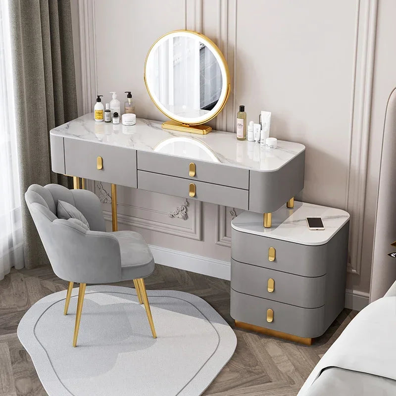 Nordic Vanity Table with Rock Slab Top – Pine Wood Makeup Desk with Mirror