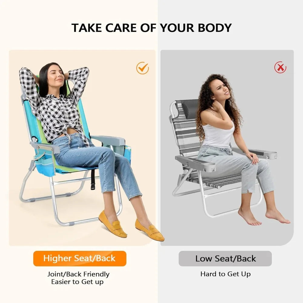 Tall Folding Beach Chair – 2 Pack with Cooler & Storage