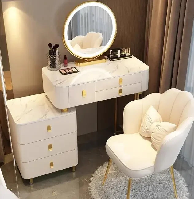 Modern Nordic Vanity Table – Elegant Pine Wood Makeup Desk with Mirror & Stool