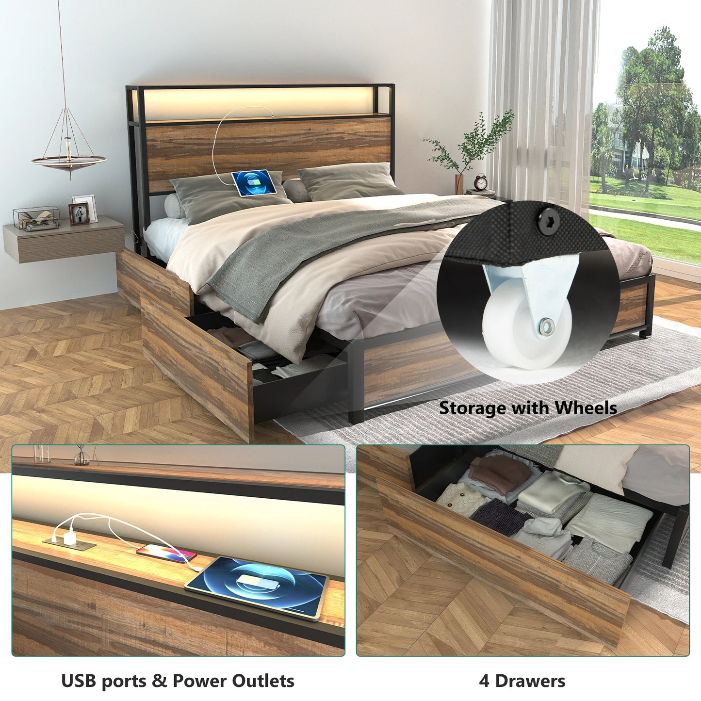 Bed Frame with Charging Station and LED Lights