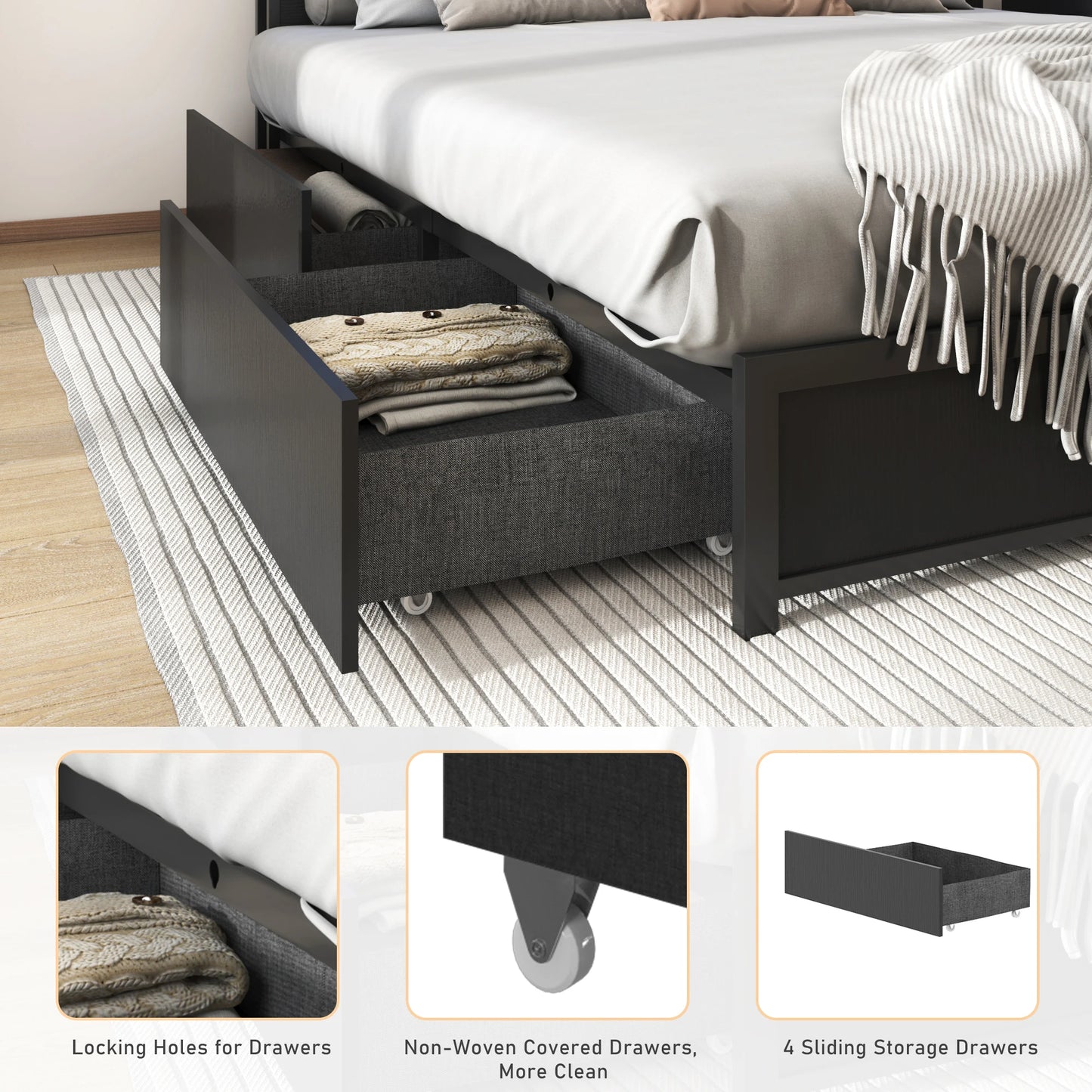 King Size Bed Frame with LED Lights and Charging Base