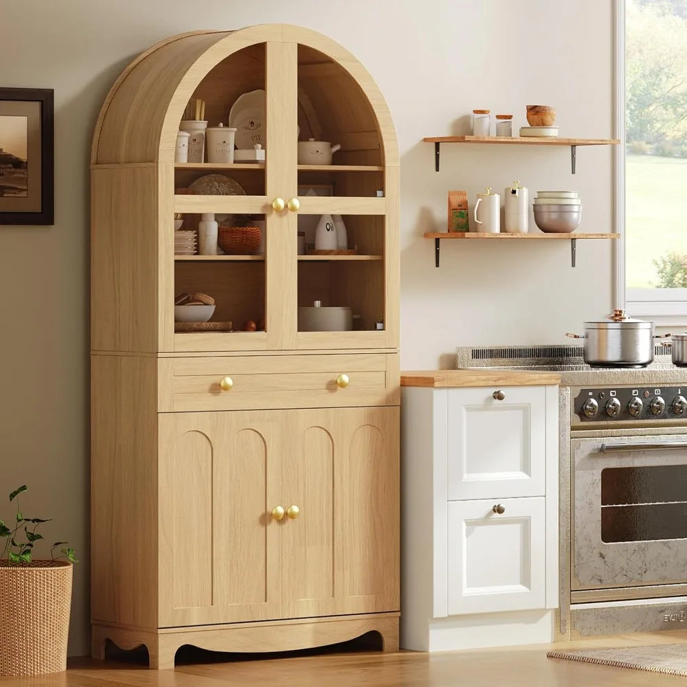 Arched Kitchen Pantry Cabinet – 71" Tall Farmhouse Storage with Glass Doors & Adjustable Shelves