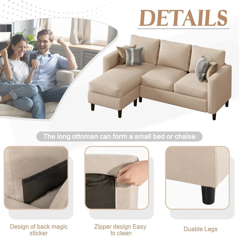 Compact L-Shaped Linen Sofa