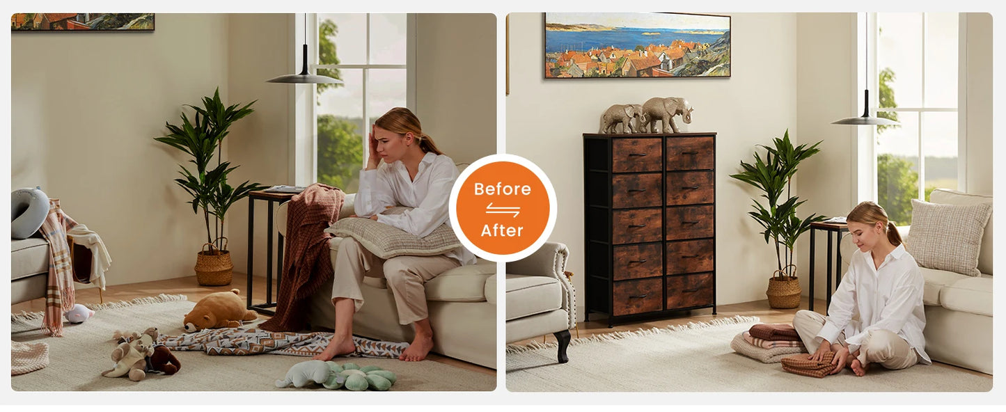 10-Drawer Bedside Table with Steel Frame