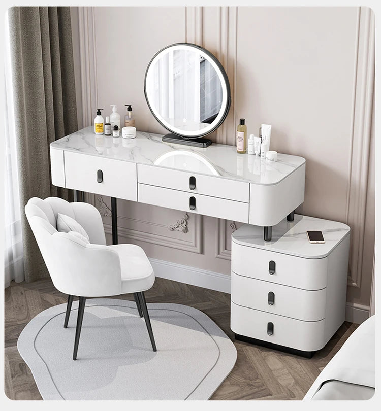 Nordic Vanity Table with Rock Slab Top – Pine Wood Makeup Desk with Mirror