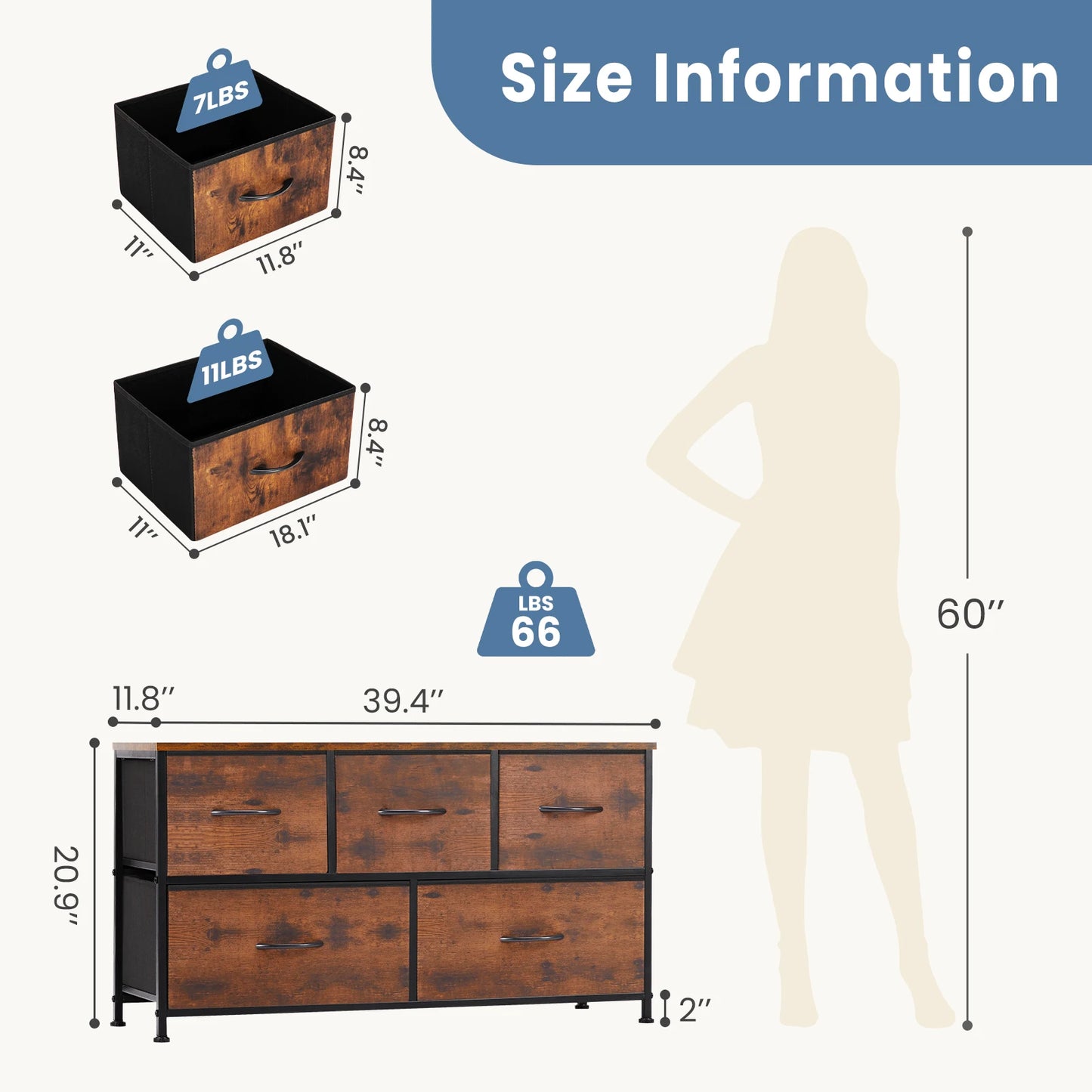 Living Room Display Cabinet with 5 Fabric Drawers
