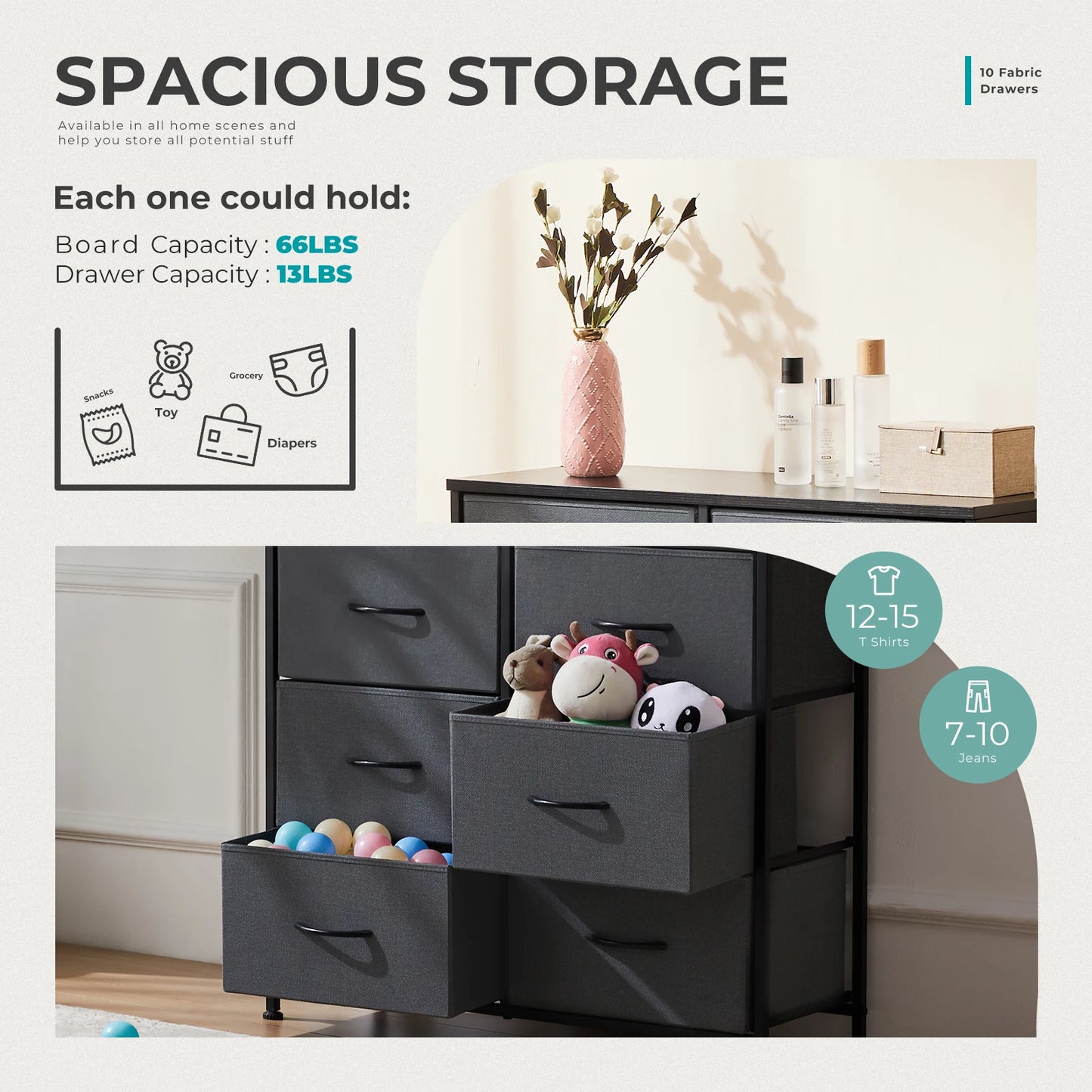 10-Drawer Bedside Table with Fabric Drawers