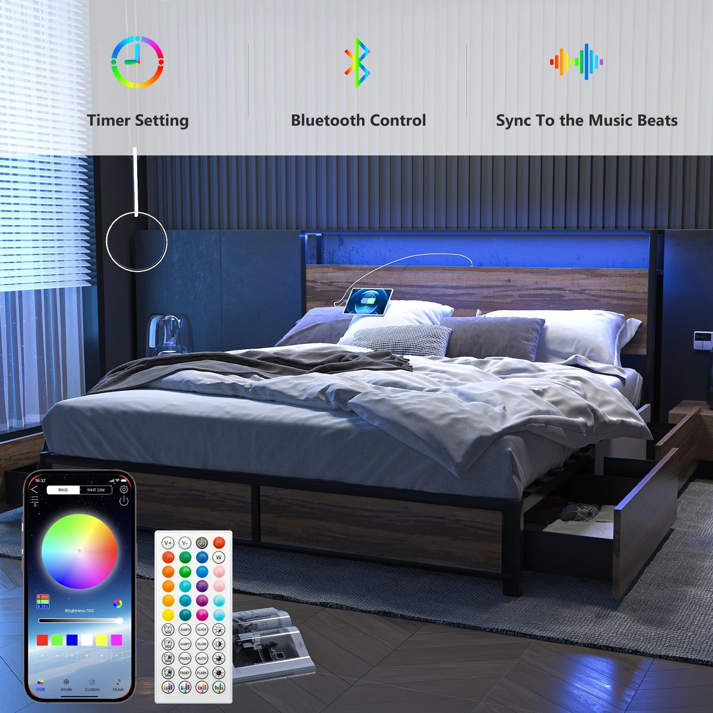 Bed Frame with Charging Station and LED Lights