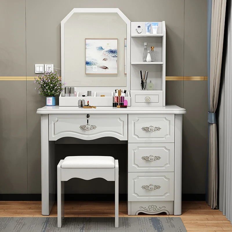 Luxury Nordic Vanity Table with Mirror & Stool – Classic Storage Dresser