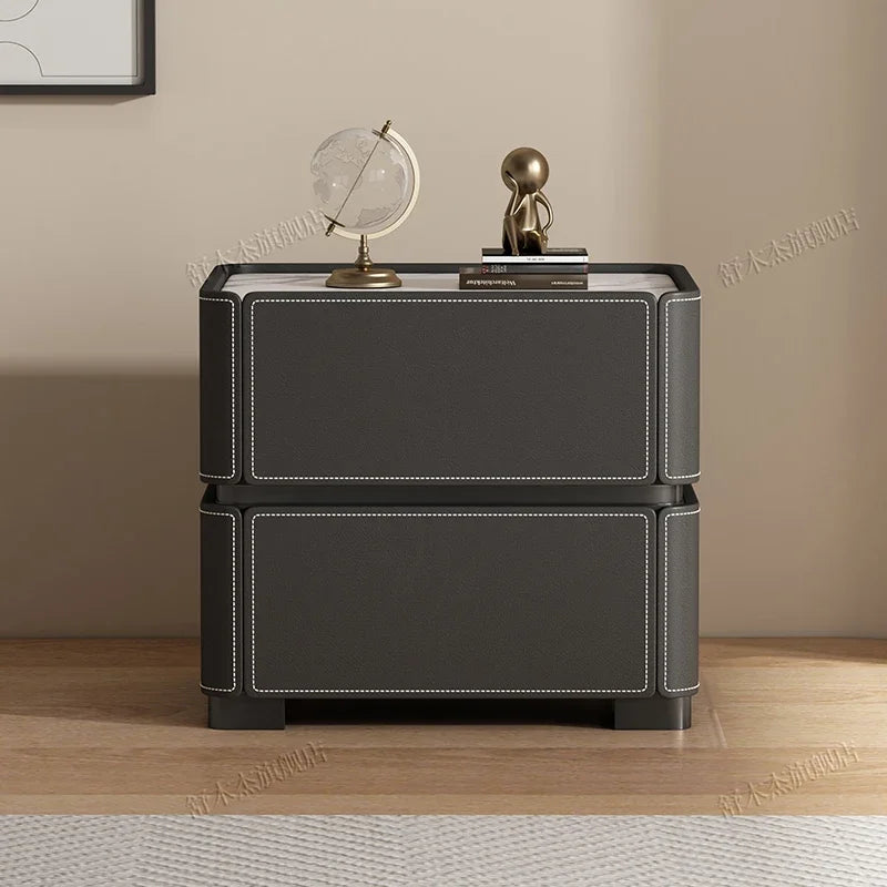 Italian Luxury Nightstand – Modern Wood and Leather Bedside Table with Storage Drawers