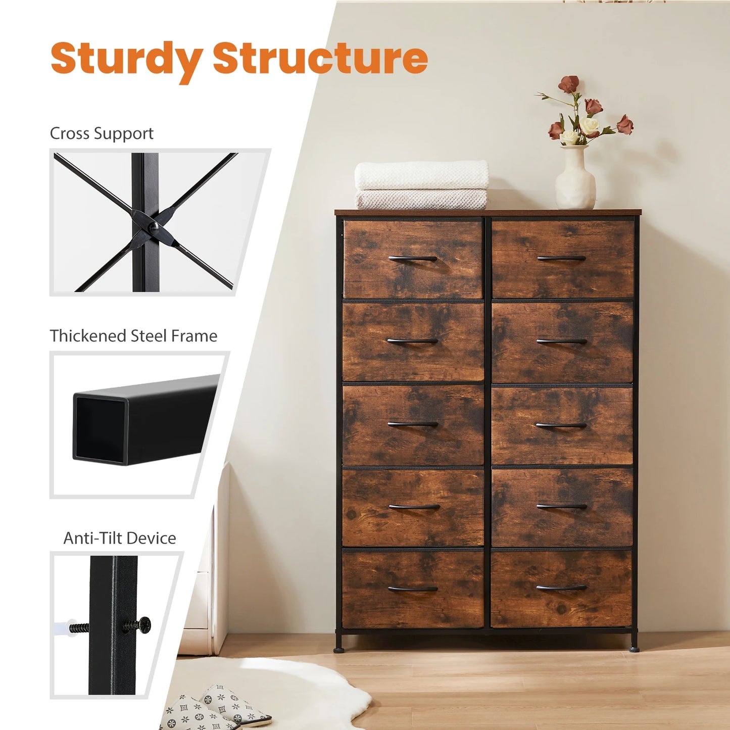 10-Drawer Bedside Table with Steel Frame