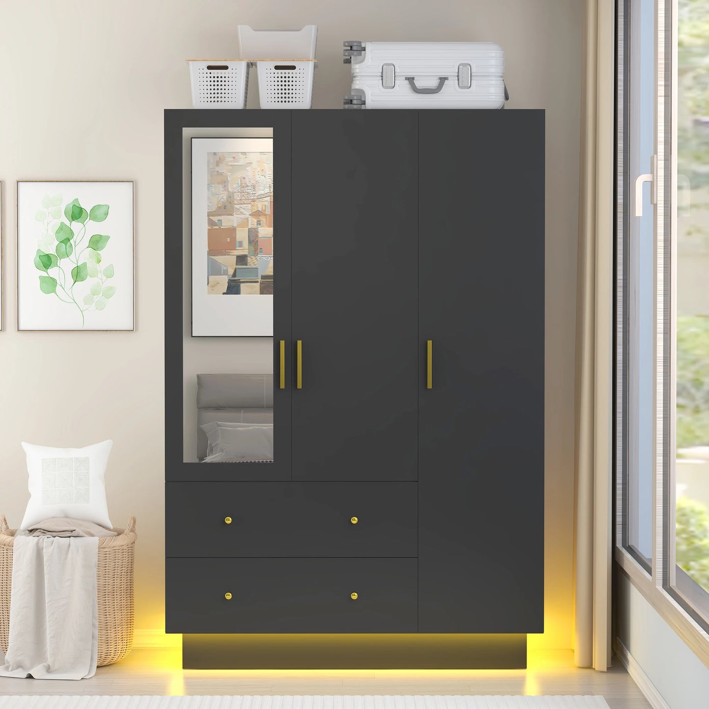 Modern wooden wardrobe with hanging rod for bedroom