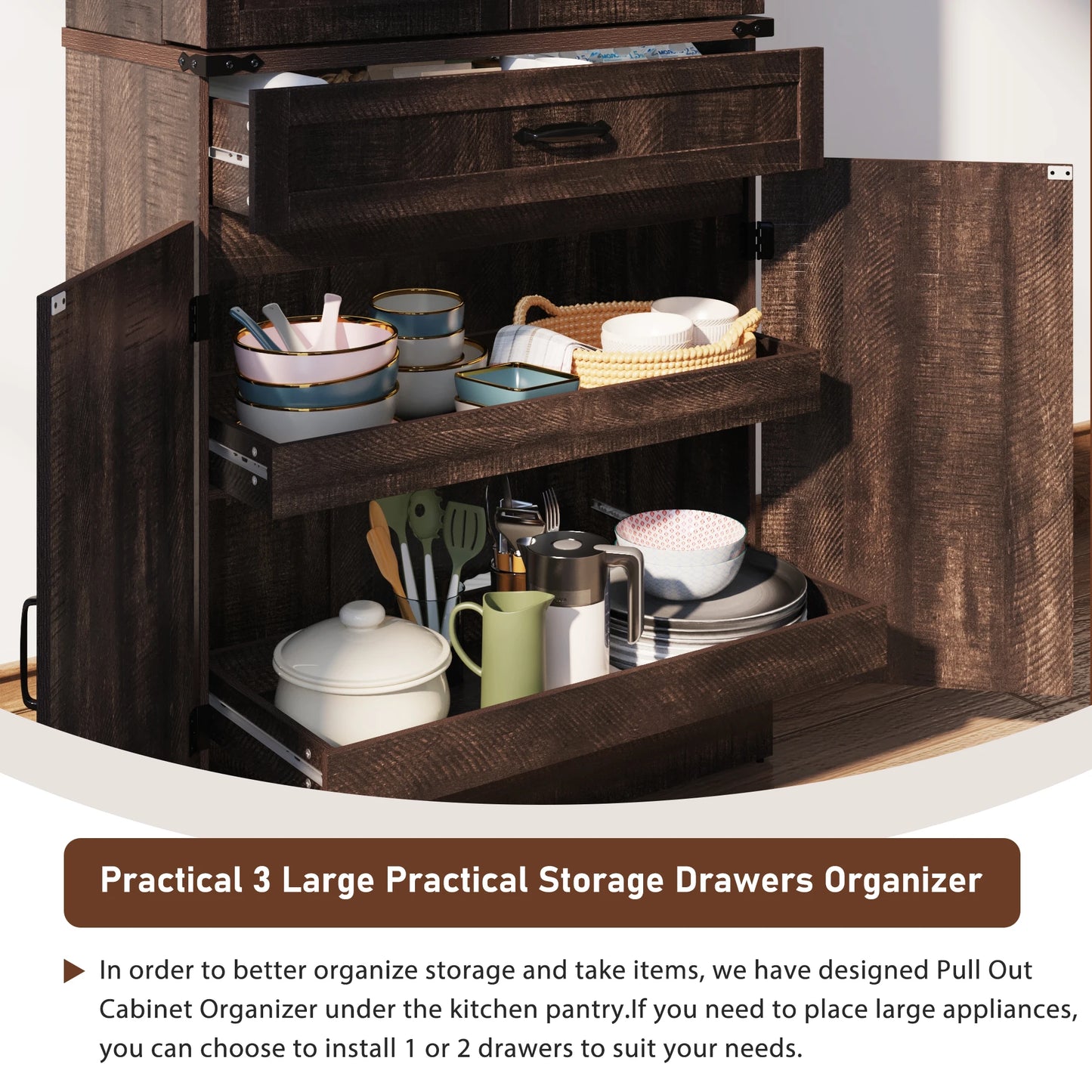 Kitchen Pantry Cabinet with 3 Drawers with 6 Barn Door