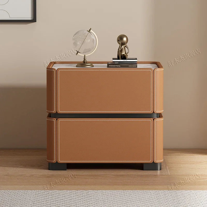 Italian Luxury Nightstand – Modern Wood and Leather Bedside Table with Storage Drawers