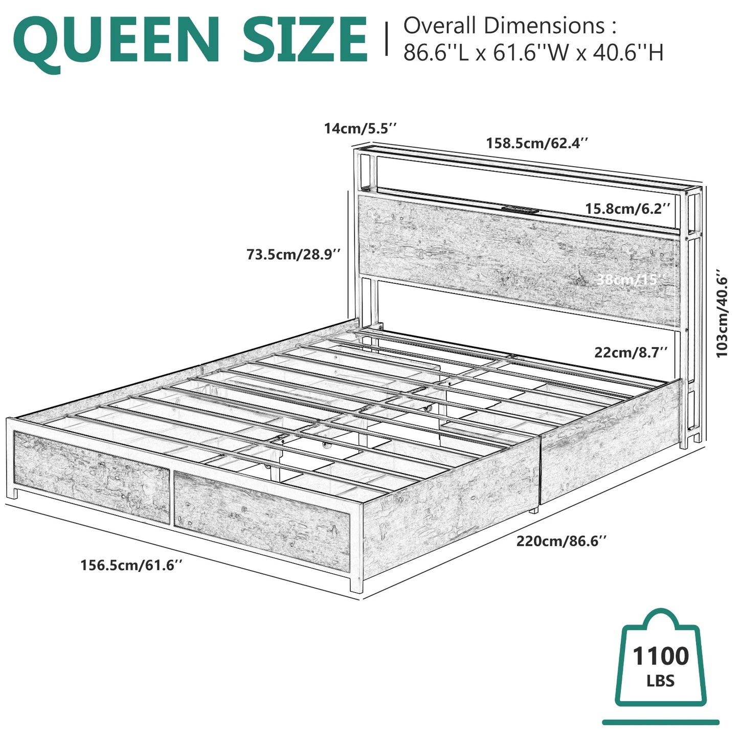 Metal platform bed frame with 4 storage drawers and headboard