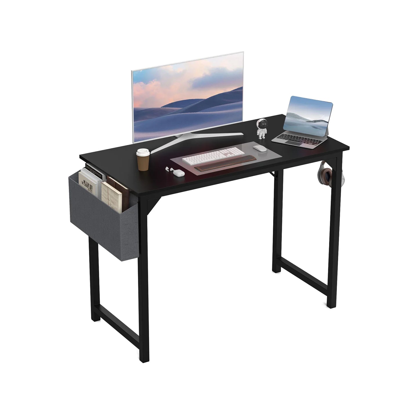 Modern Computer Desk with Side Bag and Headphone Hook