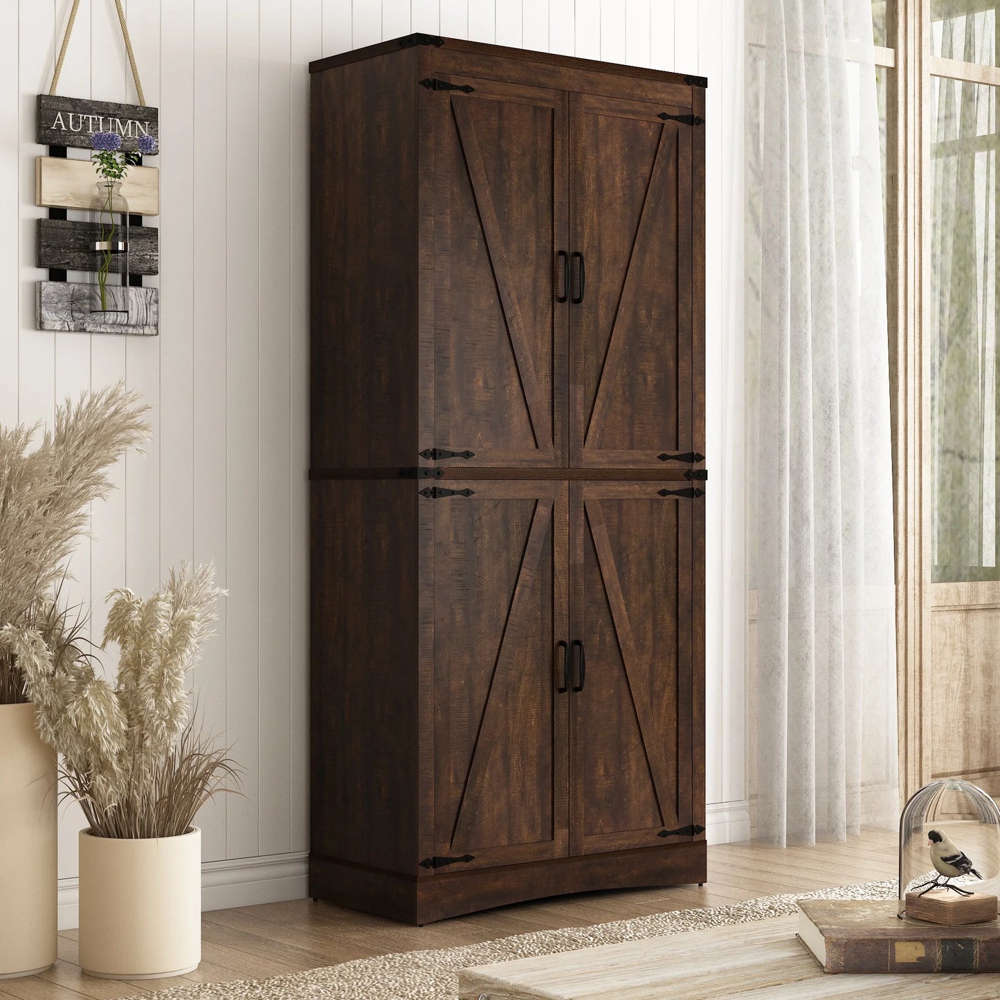 Kitchen Pantry Cabinet with Adjustable Shelves and 4 Barn Doors