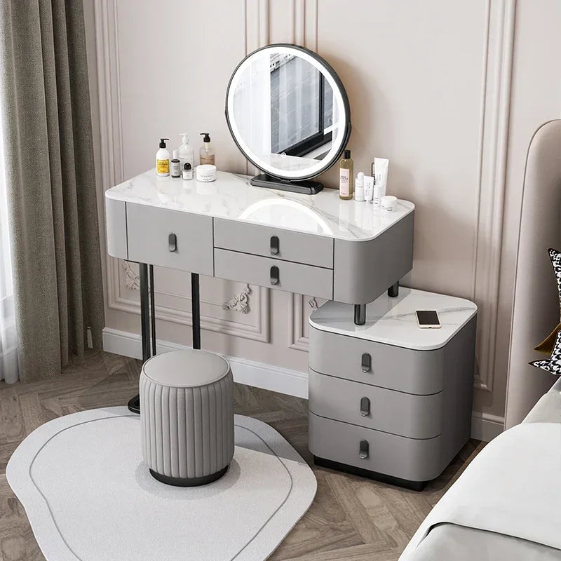 Nordic Vanity Table with Rock Slab Top – Pine Wood Makeup Desk with Mirror