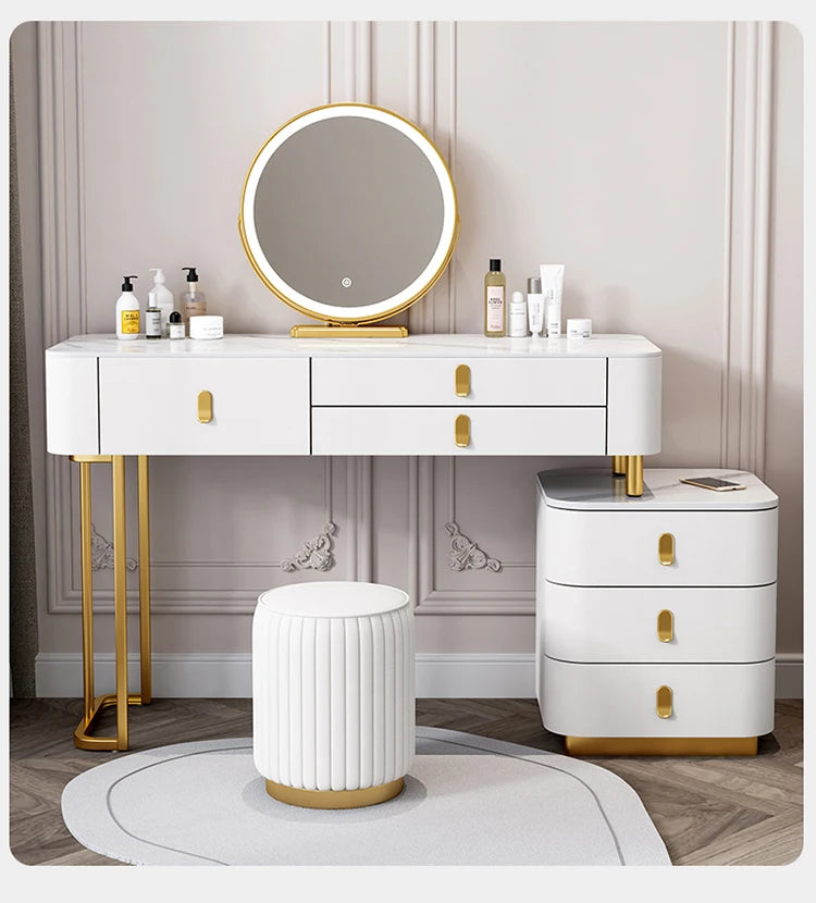 Nordic Vanity Table with Rock Slab Top – Pine Wood Makeup Desk with Mirror