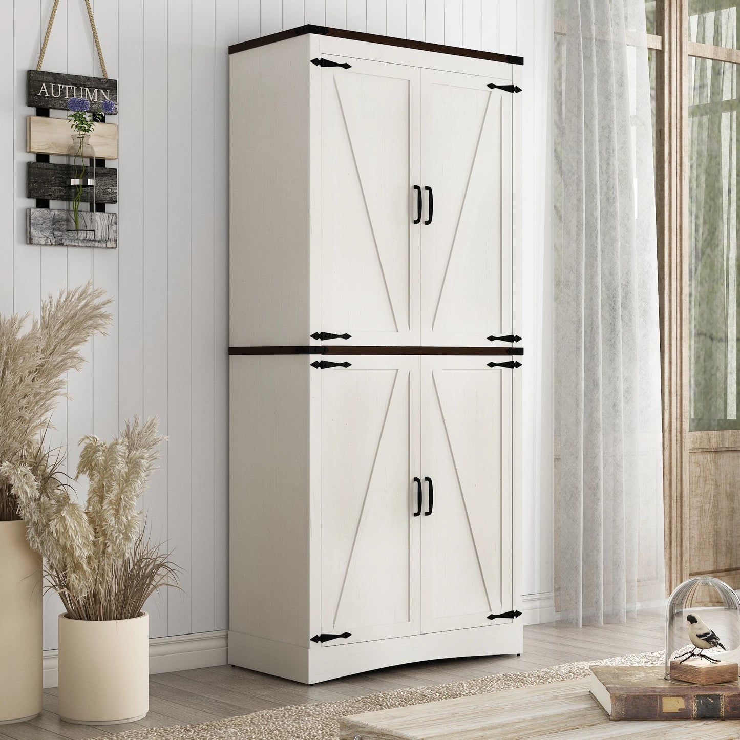 Kitchen Pantry Cabinet with Adjustable Shelves and 4 Barn Doors