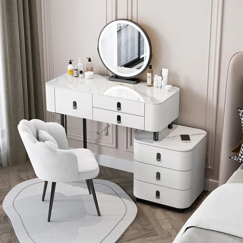 Nordic Vanity Table with Rock Slab Top – Pine Wood Makeup Desk with Mirror