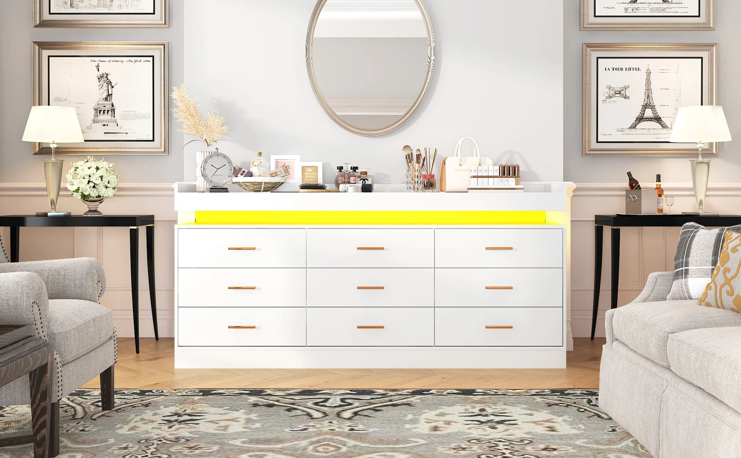 9-drawer chest with LED lighting and charging station