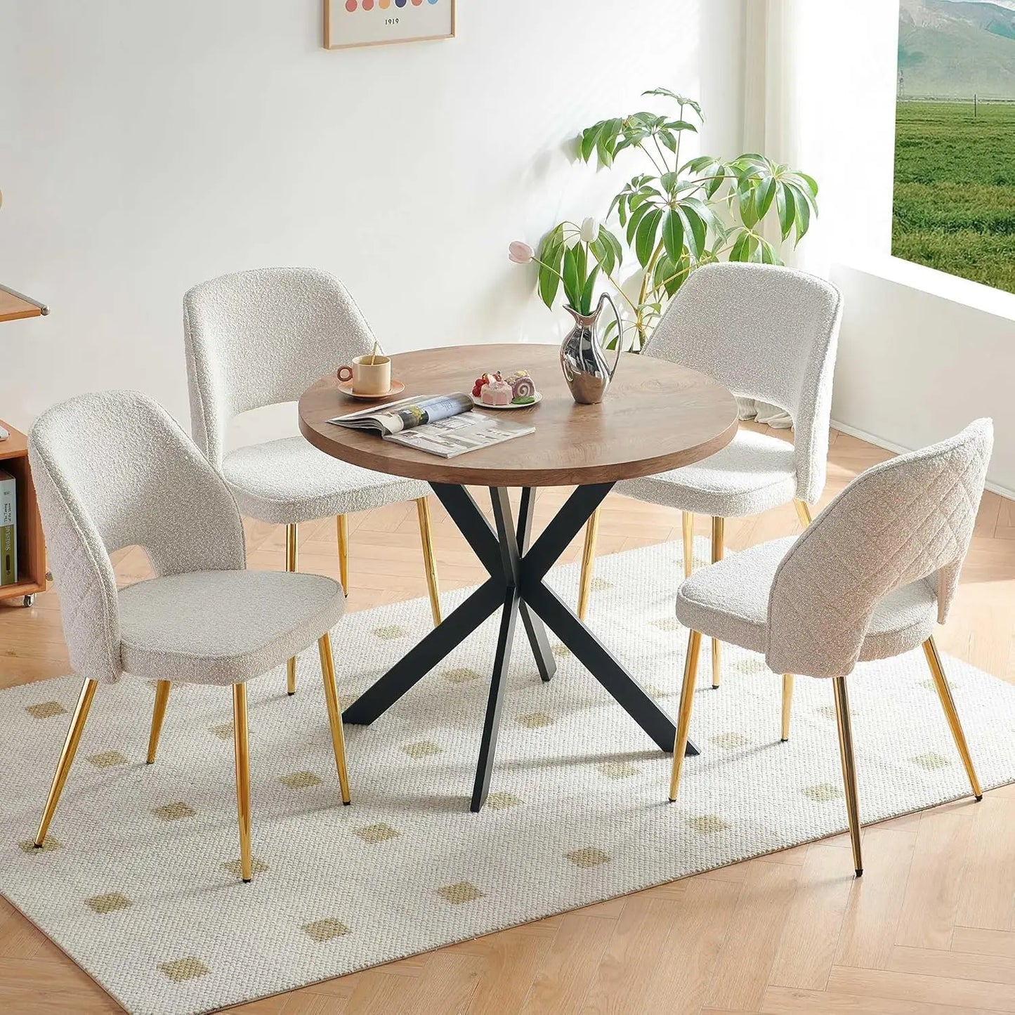 Walnut Round Dining Set with Velvet Chairs – 5-Piece Gold-Leg Table and Chair Set