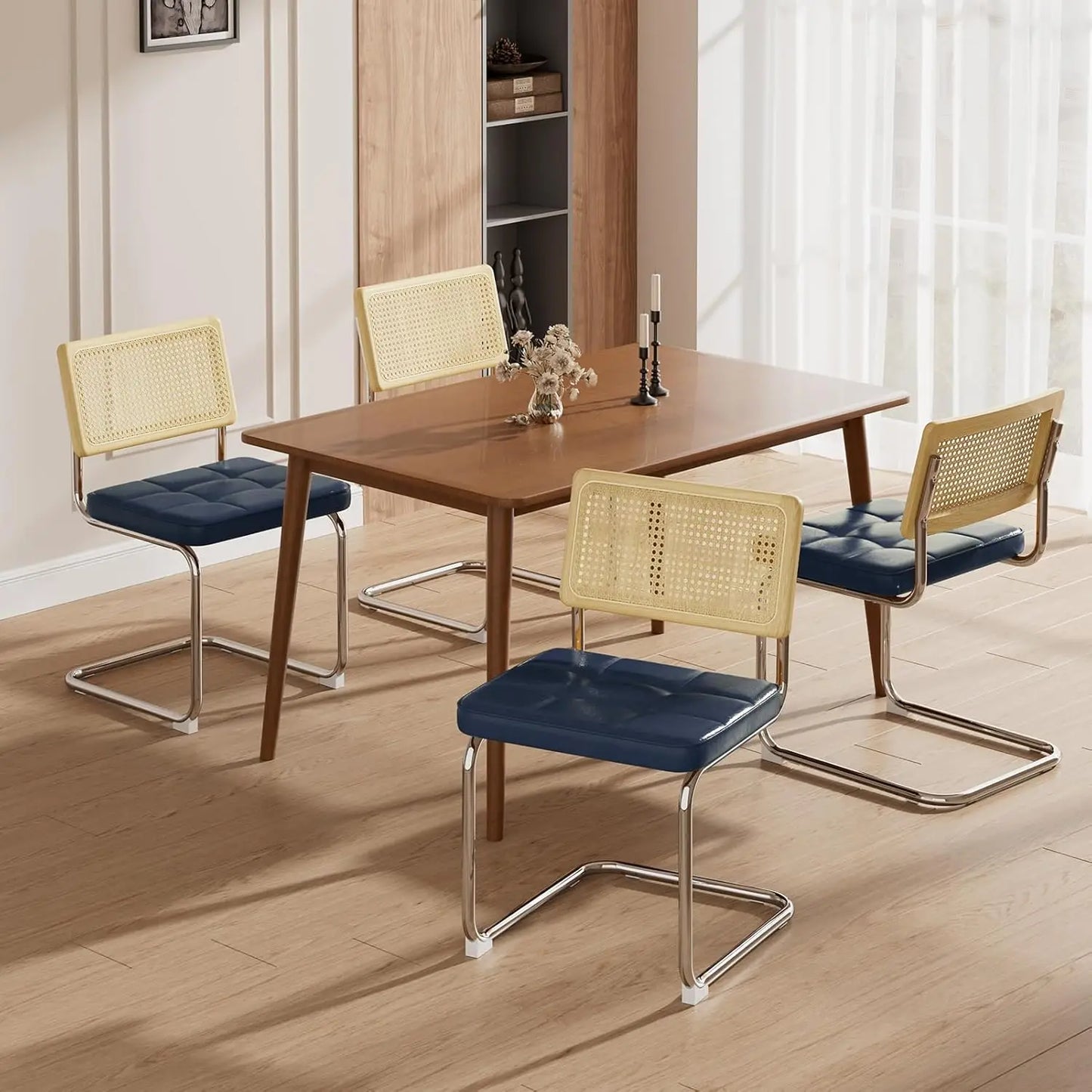 Set of 4 Rattan Dining Chairs – Faux Leather Seat with Cane Back and Metal Legs