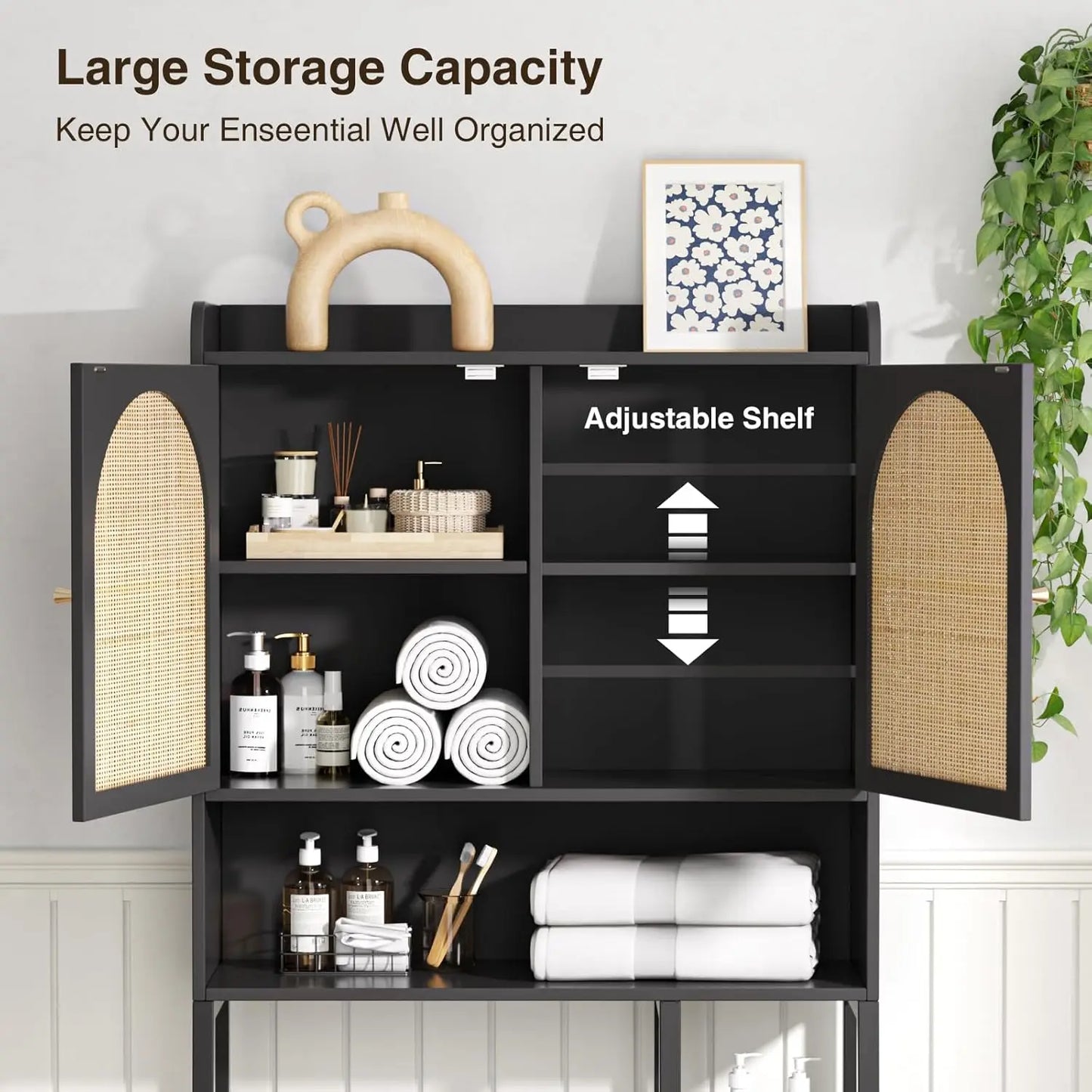 Over The Toilet Storage Cabinet with Rattan Doors & Metal Stand