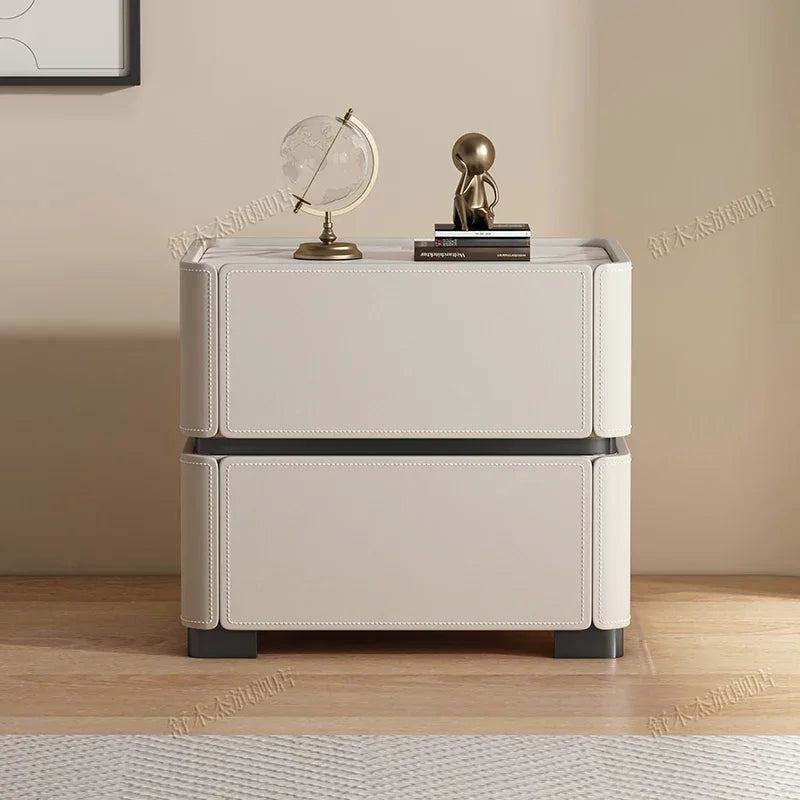 Italian Luxury Nightstand – Modern Wood and Leather Bedside Table with Storage Drawers