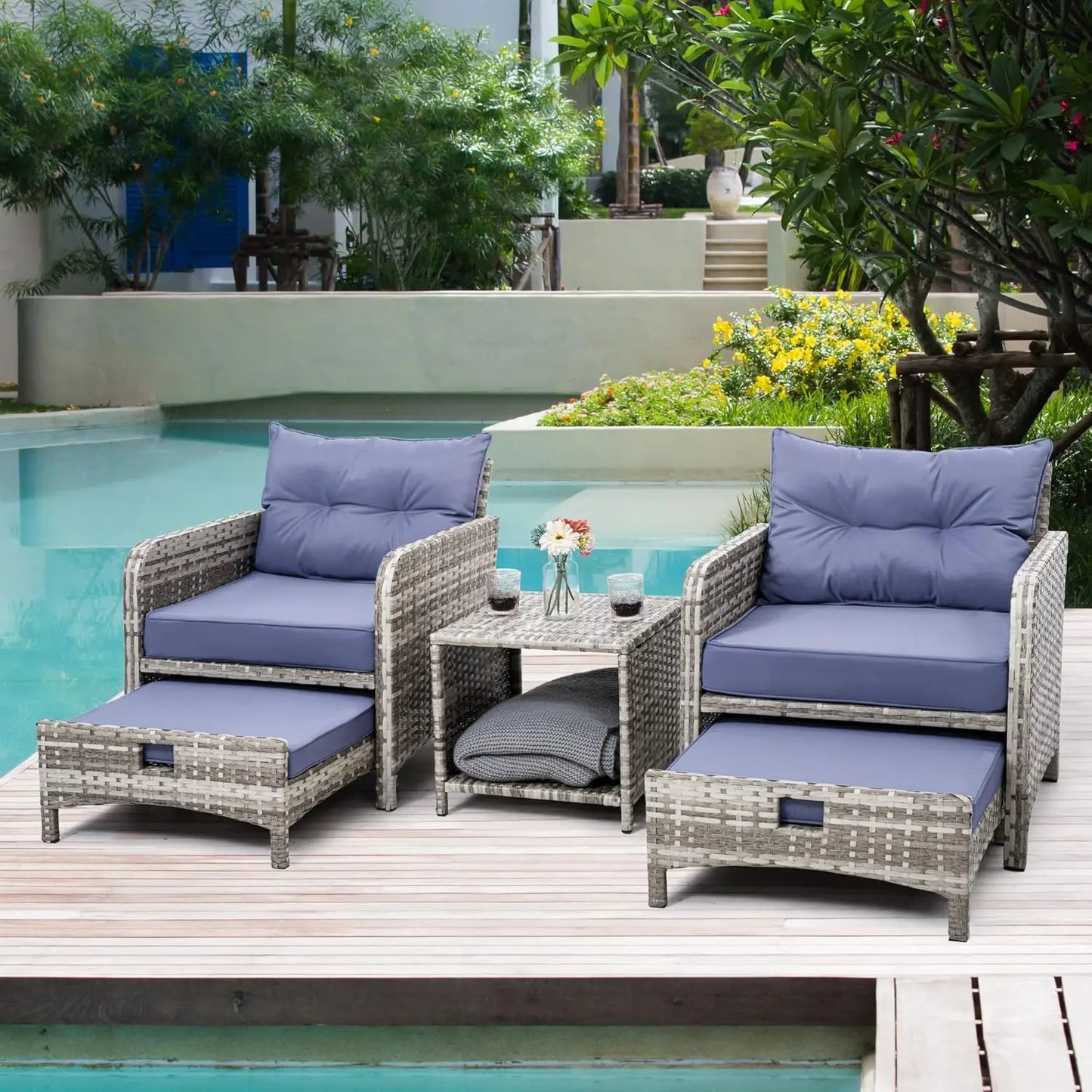 5-Piece Wicker Patio Set with Ottomans