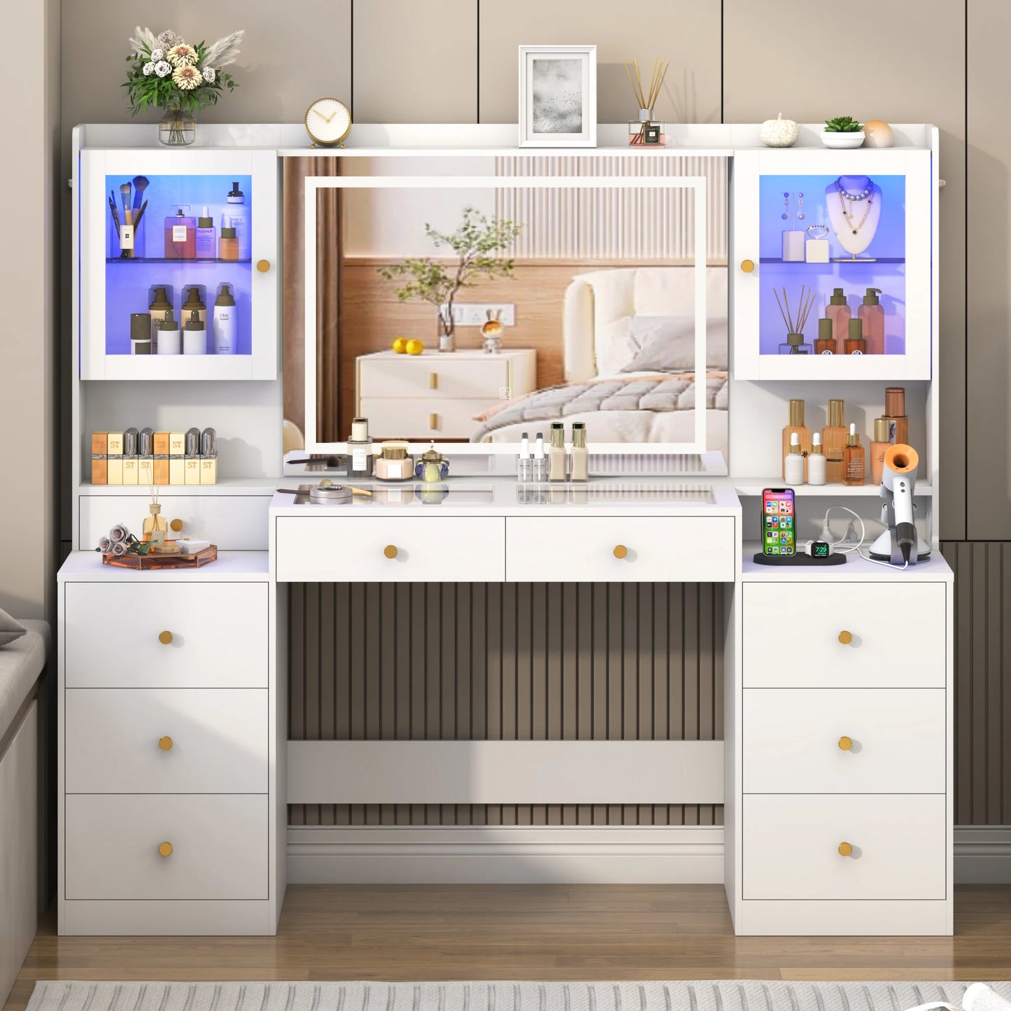 Large 61.7" Dressing Table with Mirror and Lights