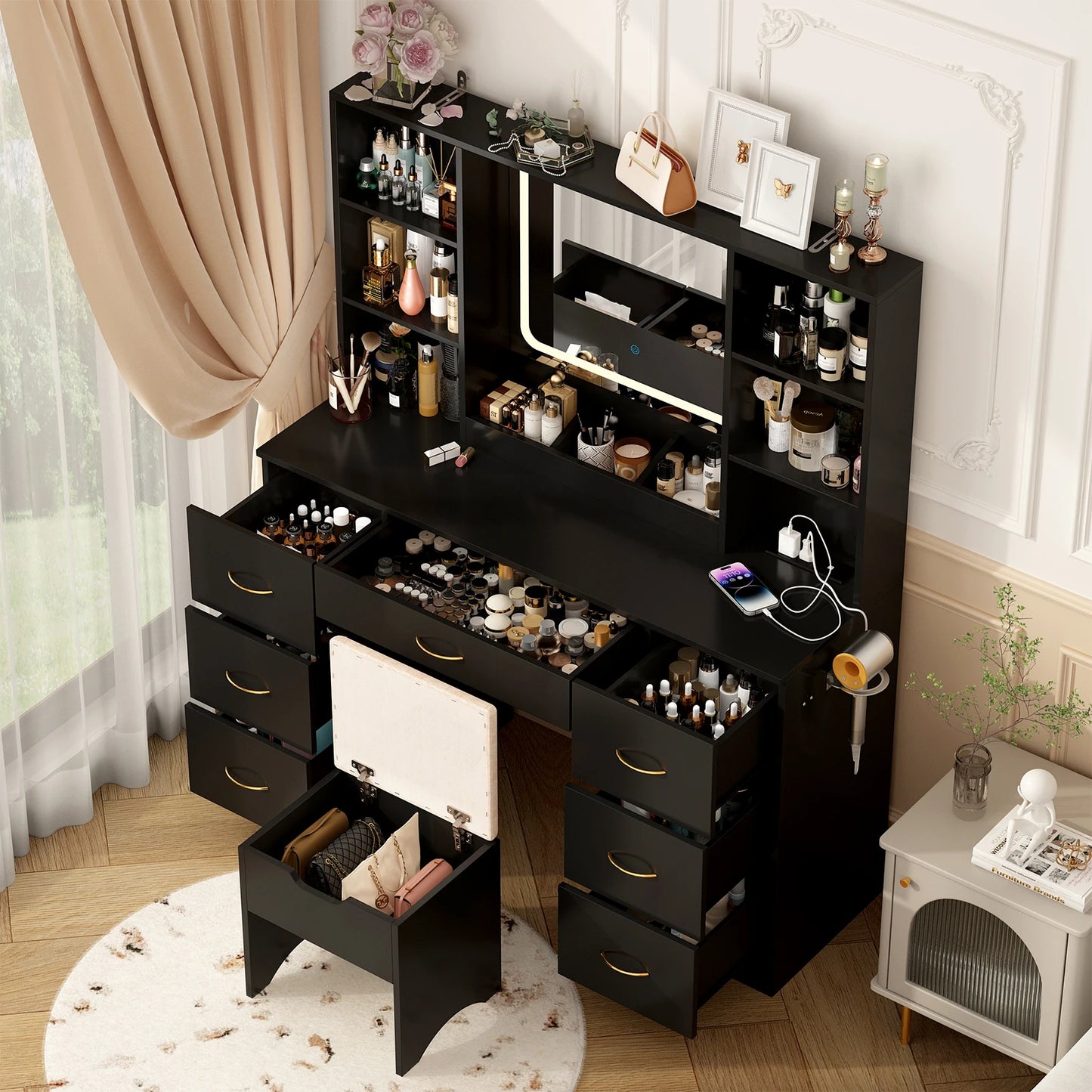 Large makeup table with dressing chair