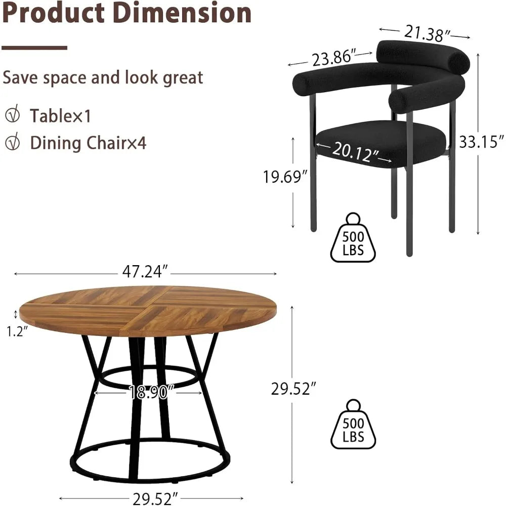 47” Round Dining Table Set – 5-Piece Boucle Chairs with Modern Circle Table