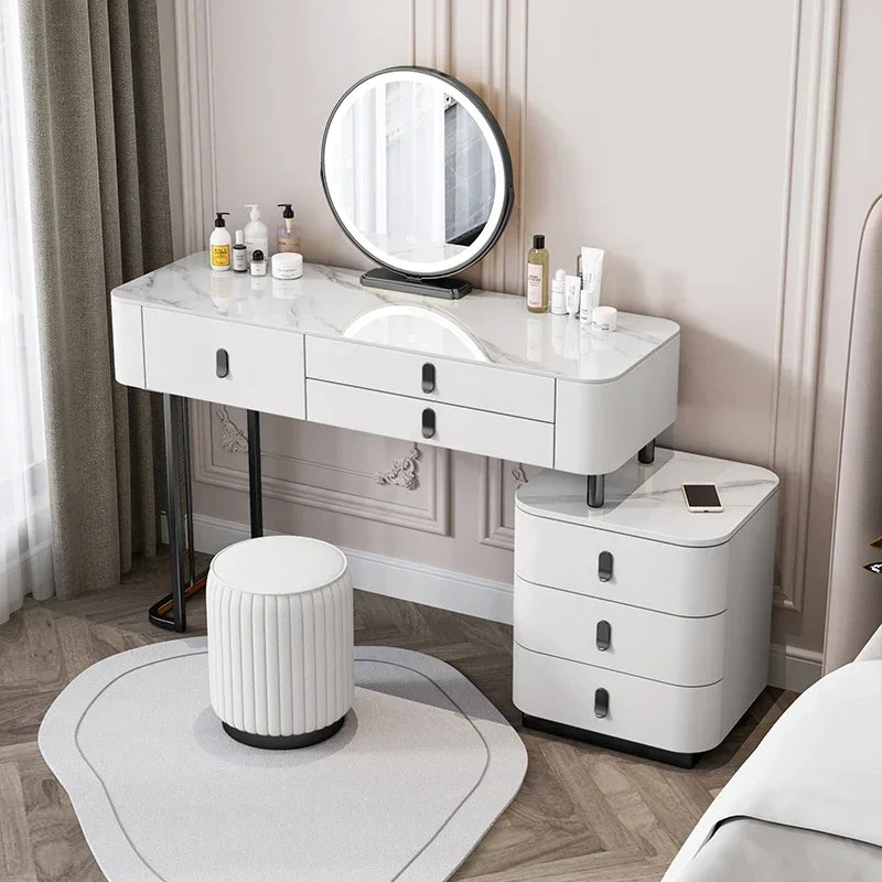 Nordic Vanity Table with Rock Slab Top – Pine Wood Makeup Desk with Mirror
