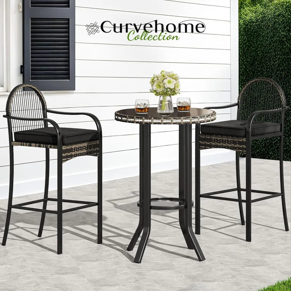 3-Piece Outdoor Wicker Bar Height Set with Cushioned Barstools, Patio Bistro Furniture for Balcony and Poolside