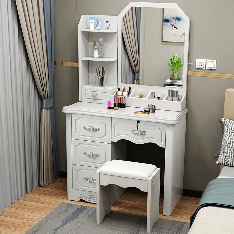 Luxury Nordic Vanity Table with Mirror & Stool – Classic Storage Dresser